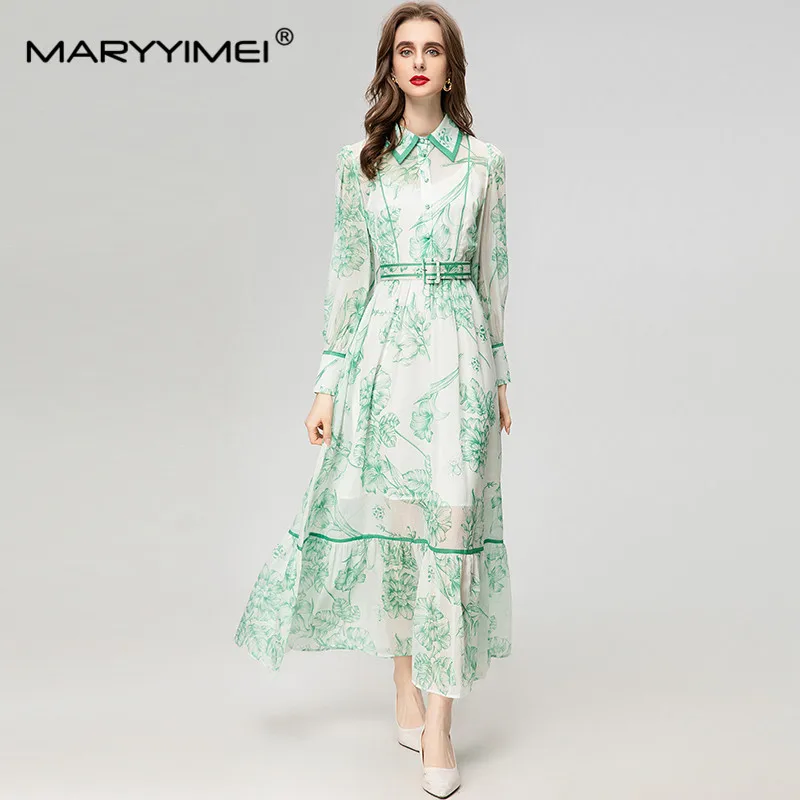 

MARYYIMEI Spring Fashion Designer Women's dress Turn down Collar Long sleeved Floral Print belt Vacation long Dresses