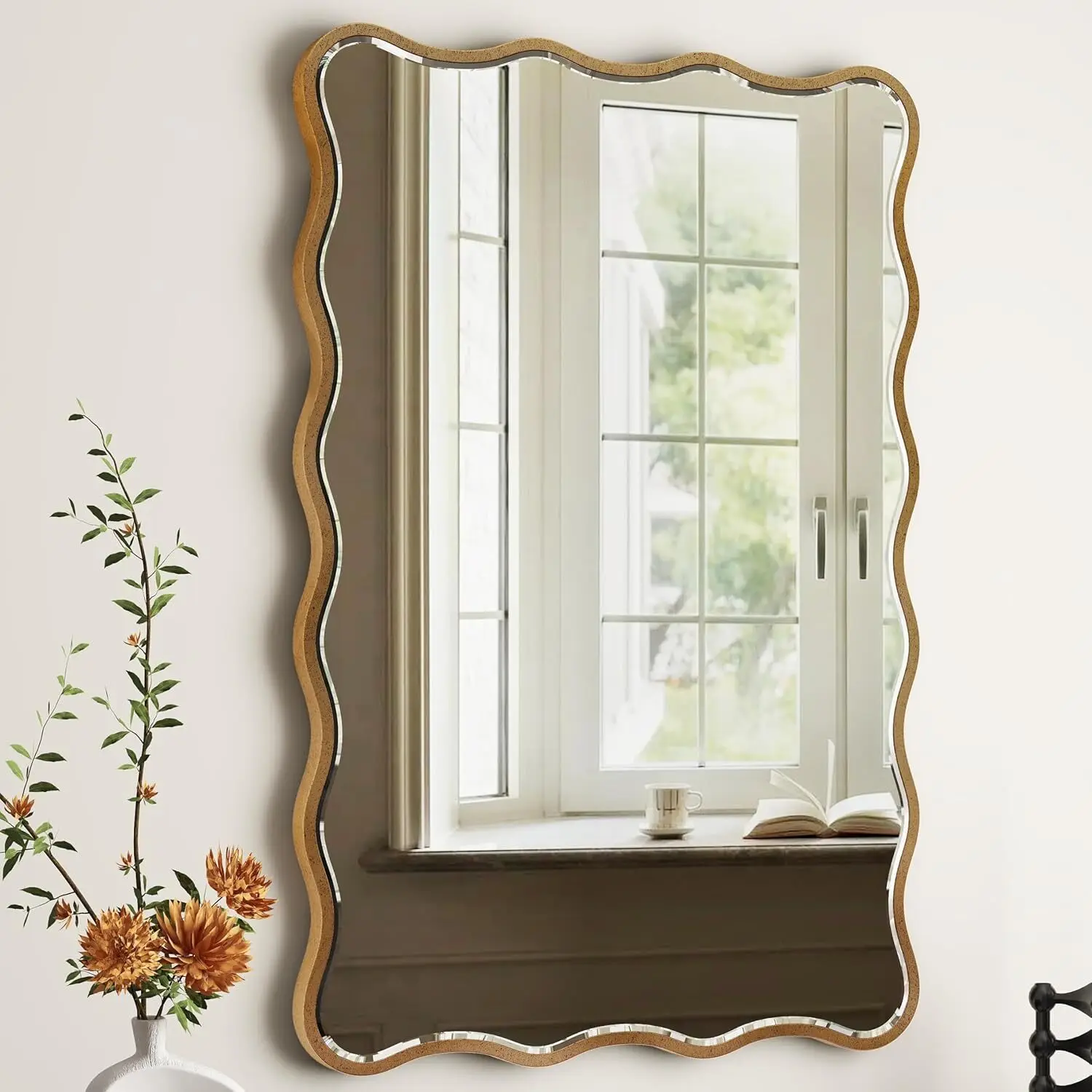 SHYFOY 20x30” Wall Mirror Decorative, Antique Mirror Gold Wavy Irregular Mirror