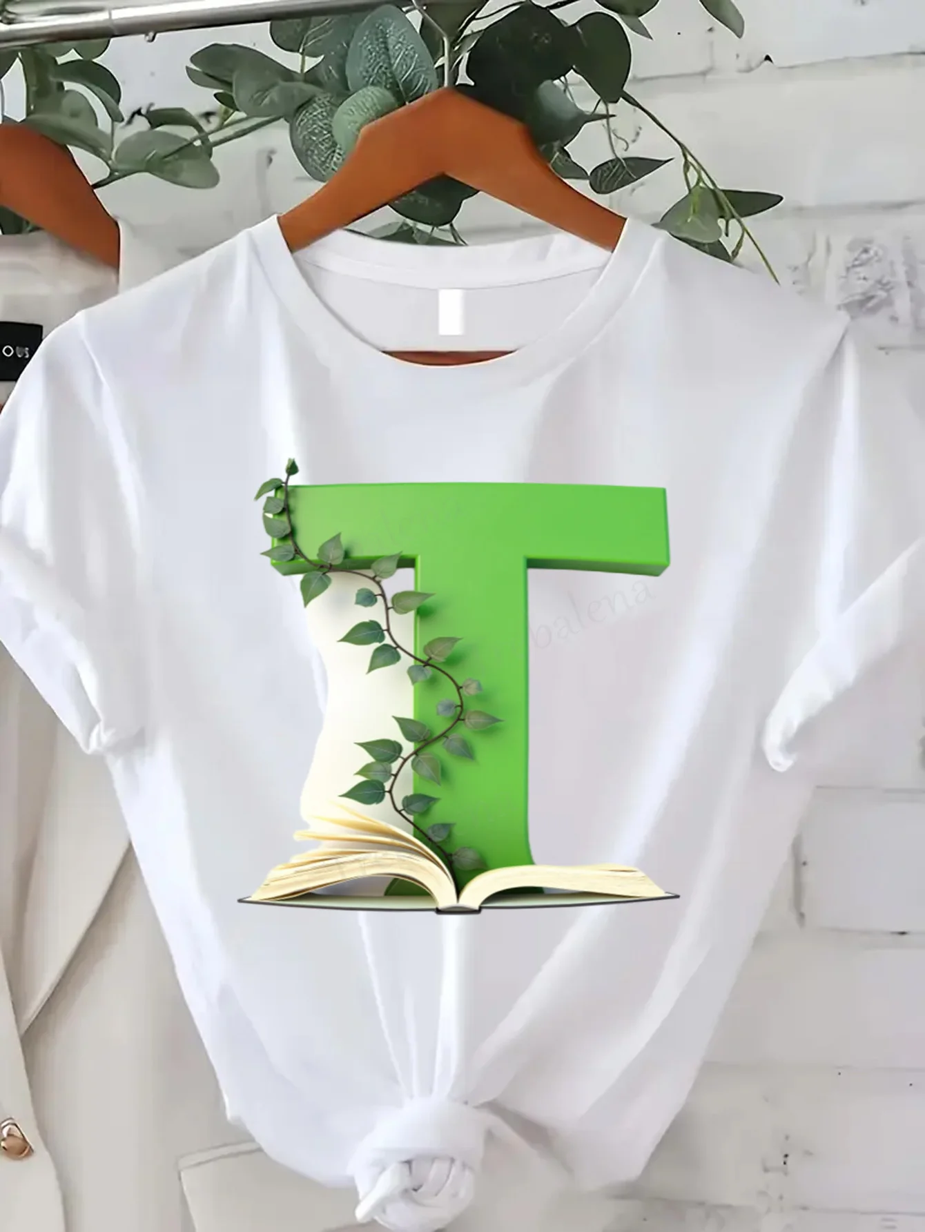 

Comfortable Women's Print T-shirt Green T Letter Book Vine Design Women's Casual T-Shirt