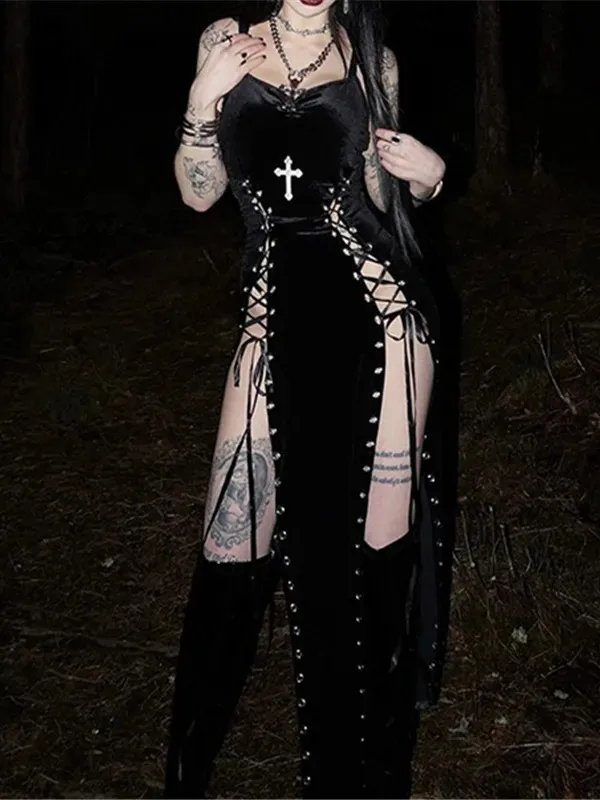 Goth Dark Punk Hoge Split Zoom Bandjes Jurk Streetwear Jurk Vrouwen Sexy Maïs Bandage Fluwelen Jurken Mall Gothic Kleding PF5K