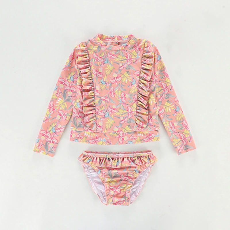 Baby Split Swimsuit Set for Girl Floral Print Ruffled Long Sleeve Top Shorts 2Pcs Suit Spring Summer Kids Clothes Girls Swimwear