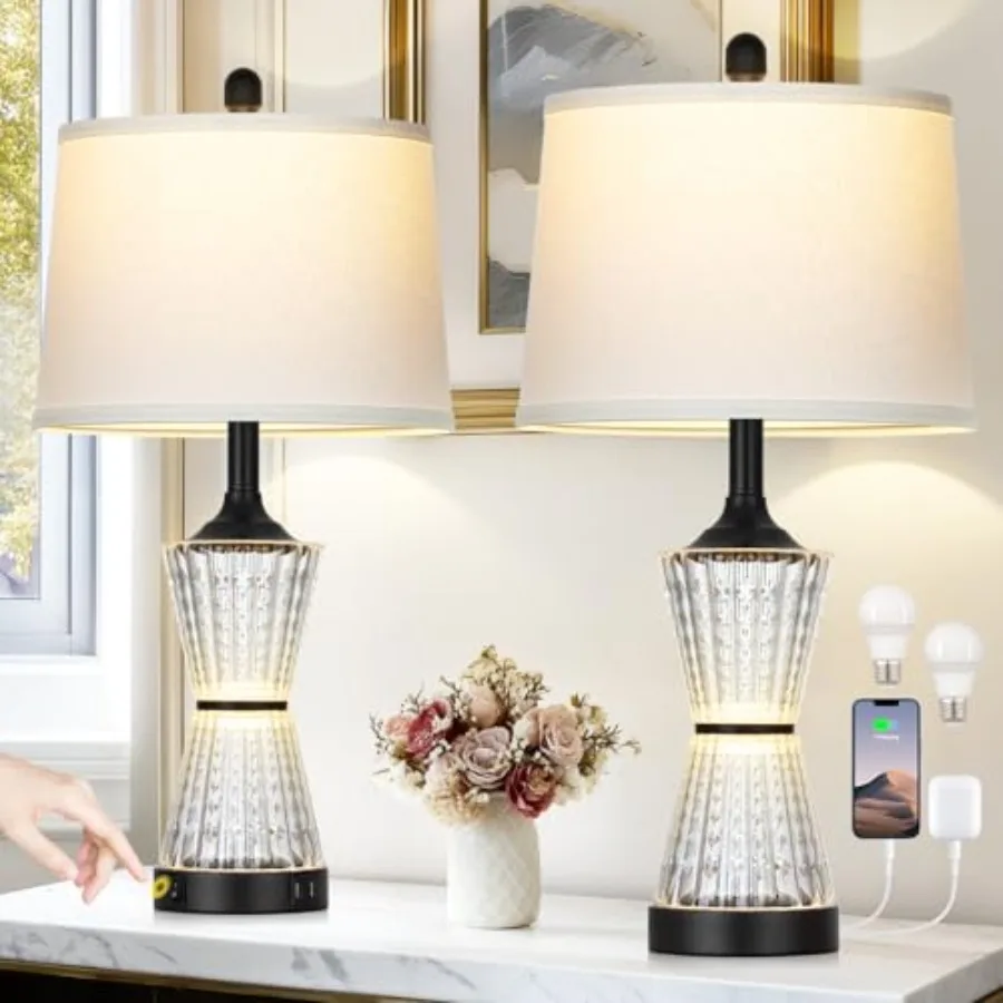 

Modern Table Lamps for Living Room 26" Tall Table Lamp with 2 Textured LED Night Light 2 USB Charging Port and AC Outlet Bedsid