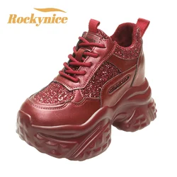 New Spring Breathable Women Sneakers 10CM High Heels Bling Wedge Heels Casual Shoes Thick Sole Trainers Platform Sport Dad Shoes