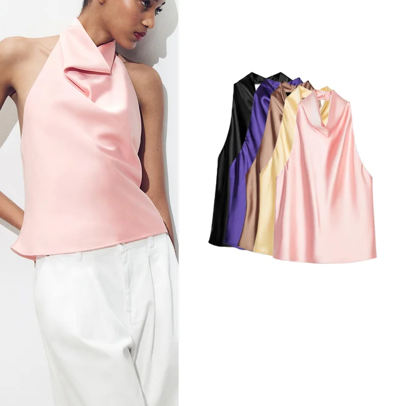 

Новинка лета: Женский топ из шелкового атласа с воротником-стойкой, французский стиль, приталенный, без рукавов, круглый вырез, стандартная длина