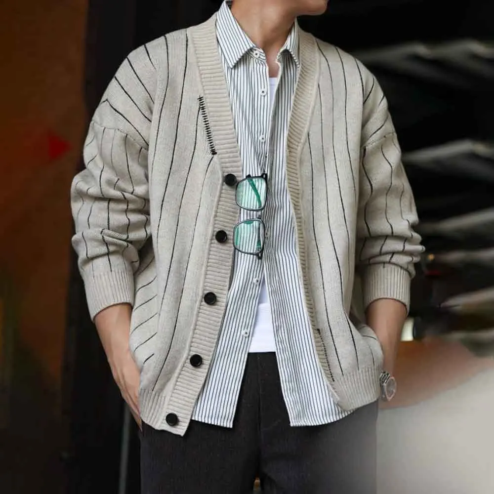 2025 Winter New Men's Striped Long-Sleeve Cardigan Sweater American Retro Fashion Trend High Street Casual Loose Men's Top