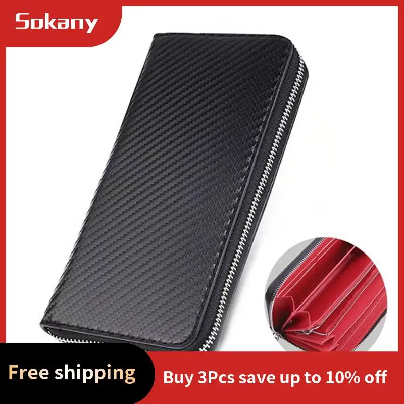 

A68M-Large Capacity Card Clip Change Men's Wallet Carbon Fiber Microfiber Leather With Long Zipper