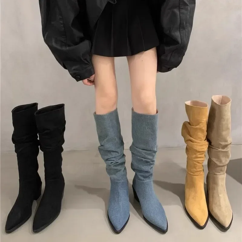 

Winter New Long Boots Women's Thin Heel Pointed Spicy girl style thick heeled pointed Western cowboy boots 2023