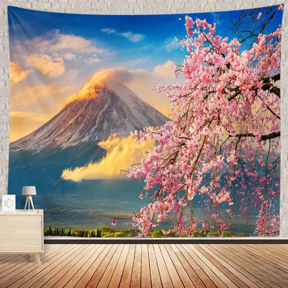 Mount Fuji Cherry Blossom Tapestry, Japan Spring Scenery Wall Hanging for Bedroom Living Room Decor, Nature Landscape Art Gift