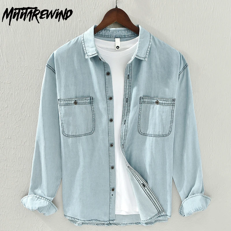 

Spring Summer Thin Denim Shirts Men Daily Casual Long Sleeve Light Blue Jean Shirt Pockets Cotton Linen Shirt Youth Fashion Top