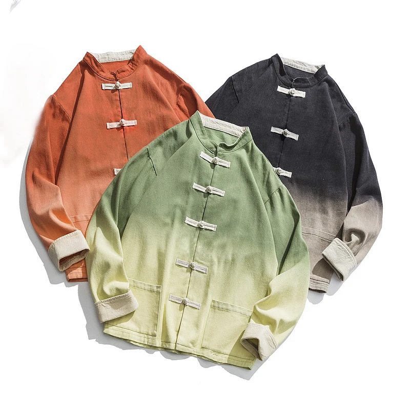 Spring Autumn Retro Stand Collar Plate Buckle Tang Suit Jacket Men Chinese Style Gradient Streetwear Kung Fu Plus Size M-5xl