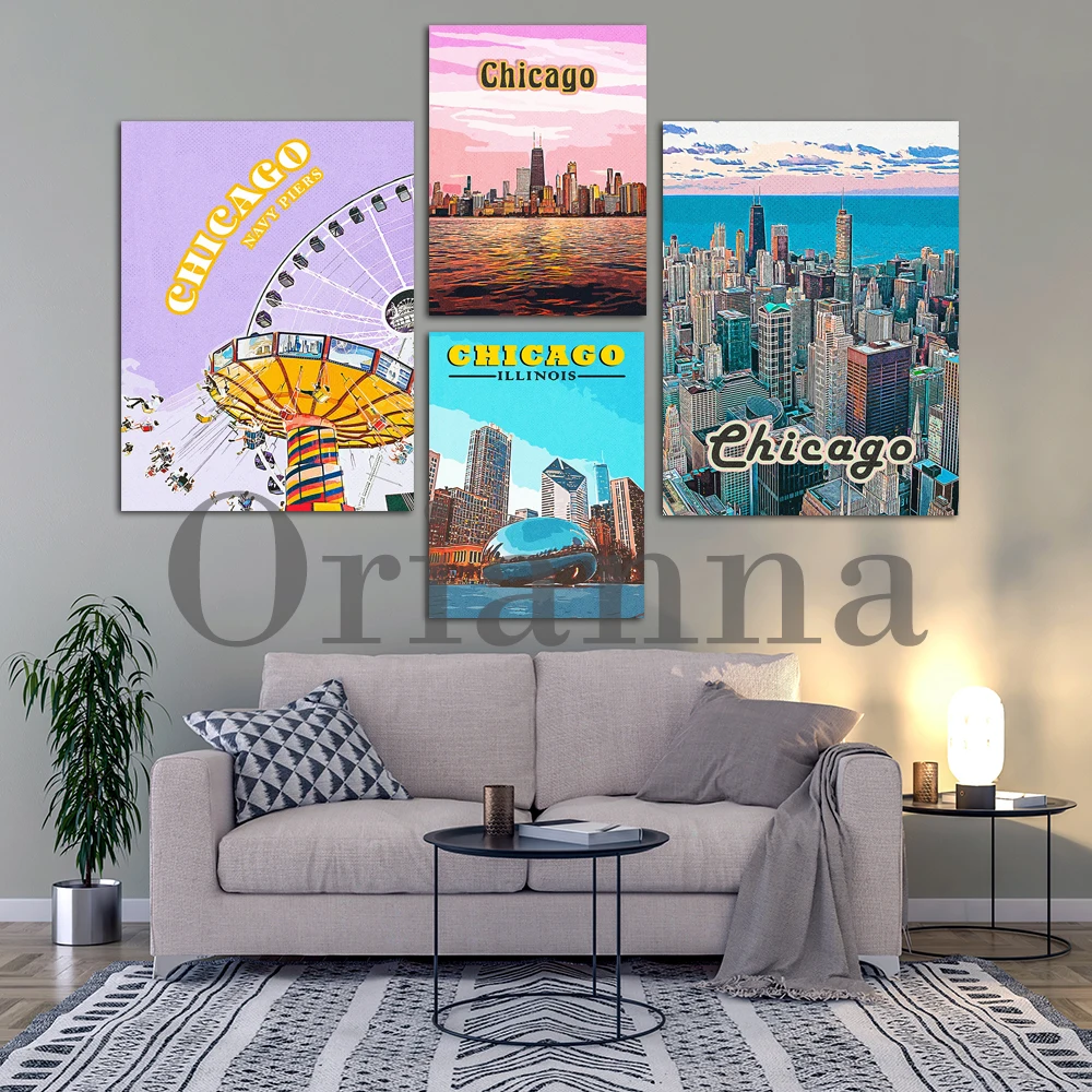 Chicago Vintage Travel Poster Gallery, Illinois USA Travel Gift, Retro Style, Wall Art Prints, Living Room Cuadros Home Decor