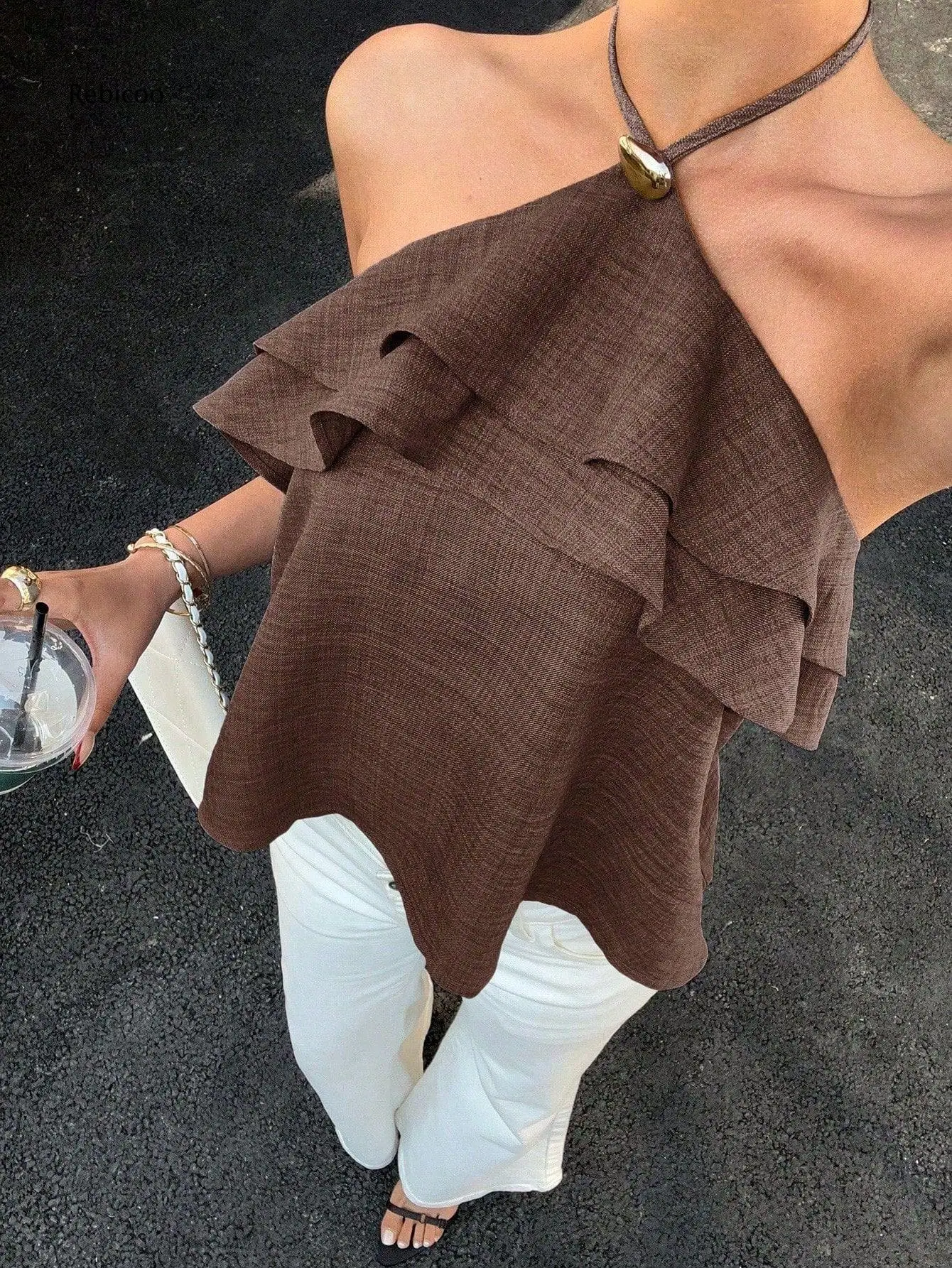 Womens Layered Ruffle Halter Neck Blouse Metal Ring Detail Sleeveless Loose Crinkled Crop Top For Chic Summer Daily Wear Looks
