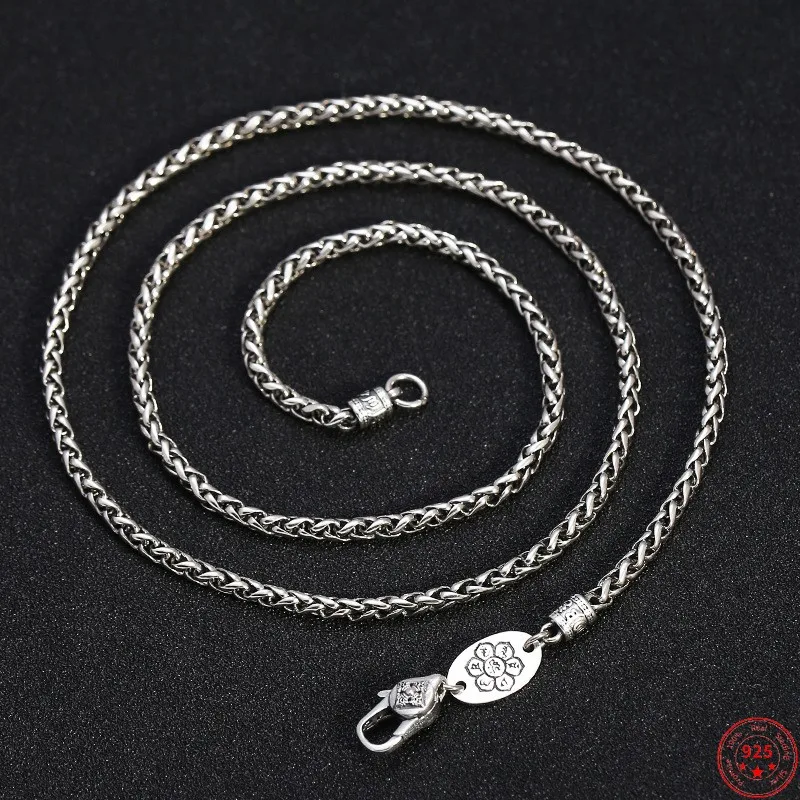 

S925 Sterling Silver Necklaces for Men Women Six Character Mantra Vajra Pestle 3mm Weaven Rope-Chain Vintage Argentum Amulet