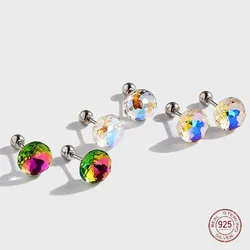 925 Sterling Silver Crystal Round Shape Color Stud Earrings for Girls Shiny Ear Bone Nail Screw Earring Ladies Luxury Jewelry