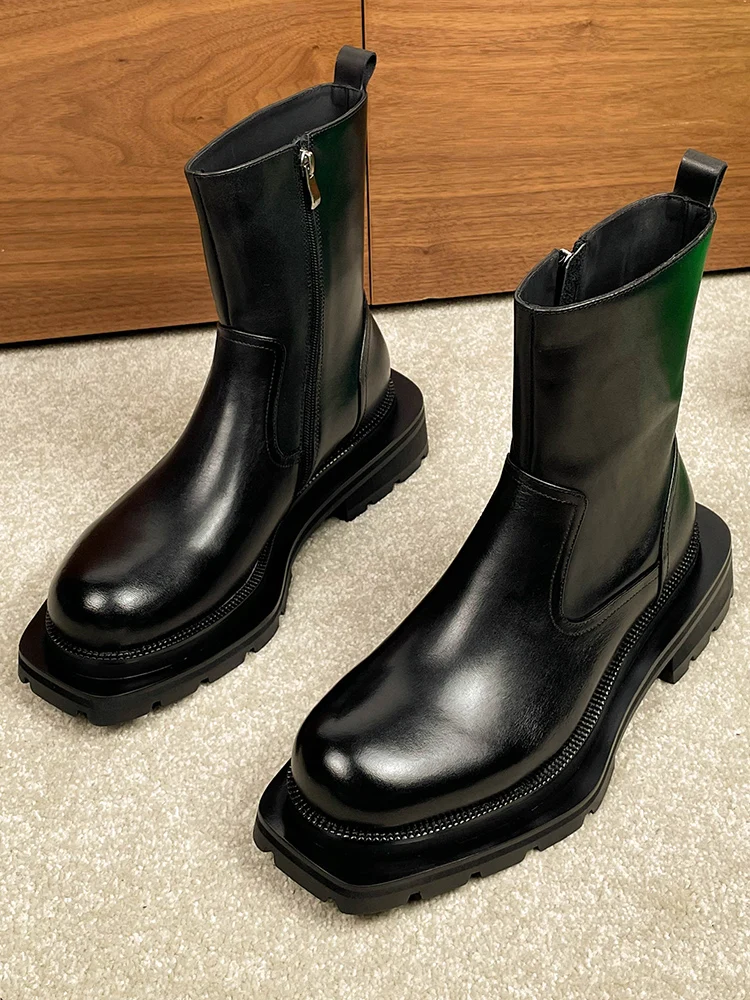 Luxury Men Chelsea Boots Genuine Leather Thick Sole Mid Calf Work Shoes Side Zipper High Top Motorcycle Boots