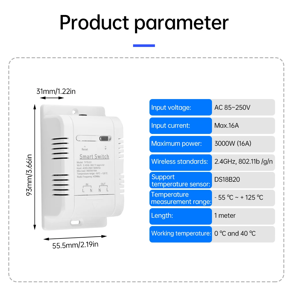 Support intelligent de commutateur de contrôle de température de AC85-250V 16A 3000W à télécommande nous-mêmes avec Tuya -55 ℃ ~ + 125 ℃