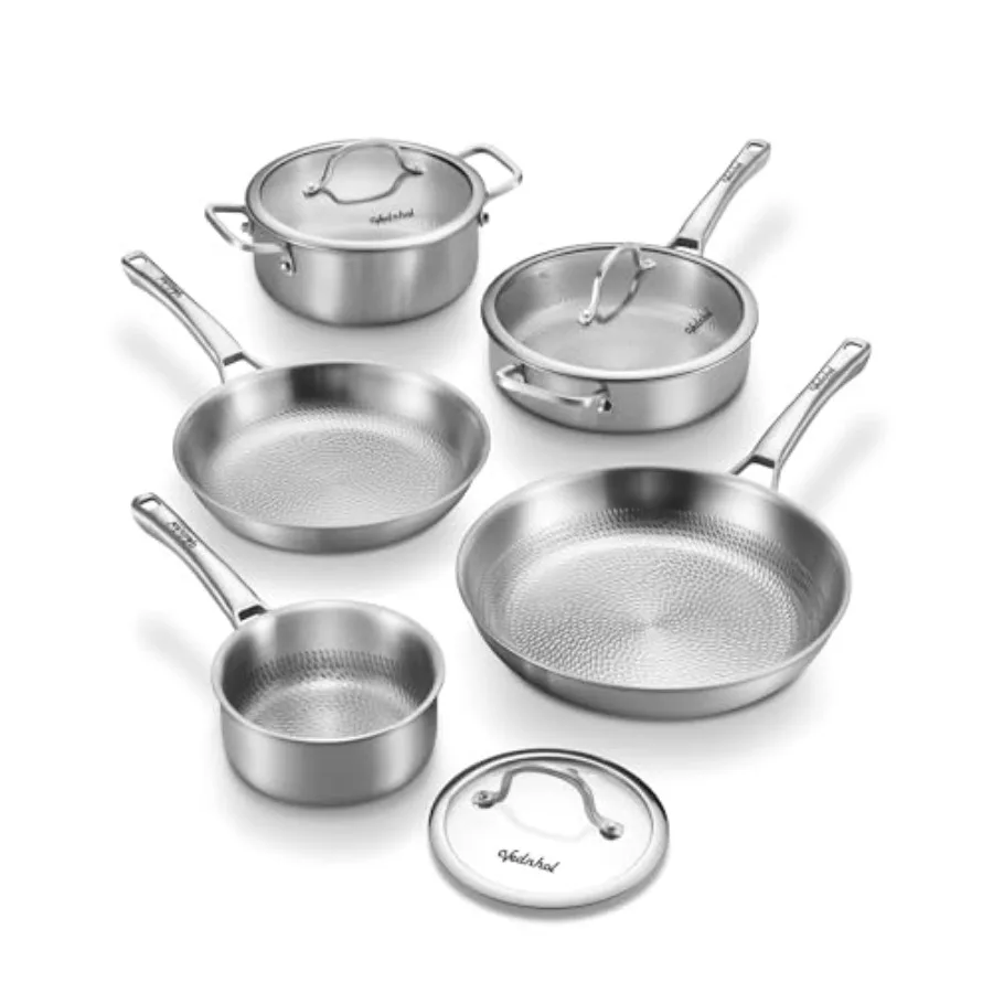 

Titanium Pans Set: 8-Piece Pure Titanium Hammered Cookware with Lids, Non-Stick Skillet for Kitchen Use, Non-Toxic, PFAS/PFOA/P