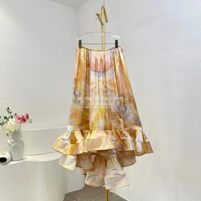2025 New High Quality Silk Yellow Long Sleeve Floral Print Irregular Ruffles Frilled Blouse Tops And Skirt Set for Holiday