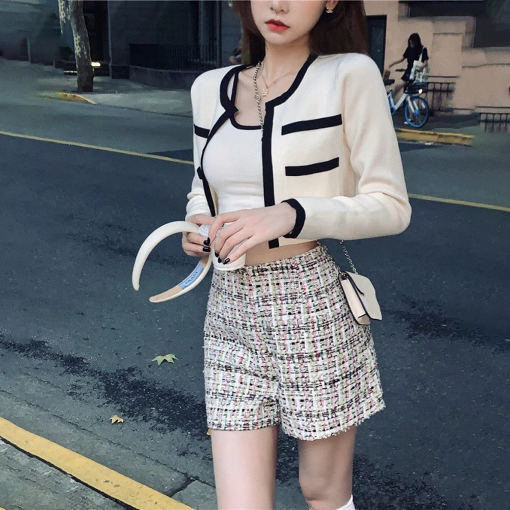 Women's New Camisole Multi-Purpose Contrast Knit Cardigan Jacket Two Piece Set