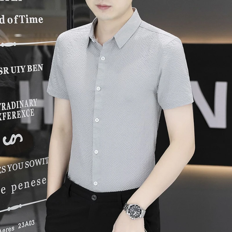 Business Casual Summer Men Clothing Shirts Solid Lapel Waffler Single Breasted Quick Dry Fashion Office Social Short Sleeve Tops