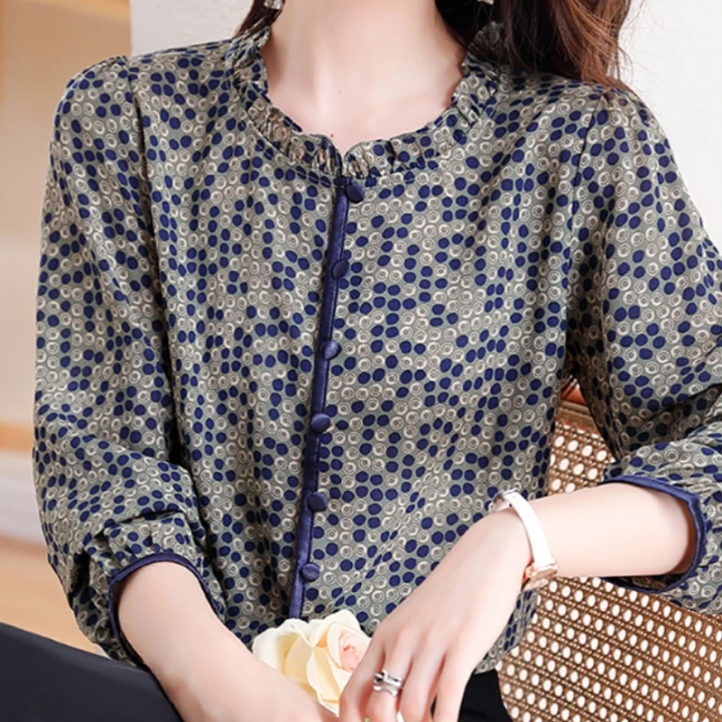 Button Chiffon Women\'s Clothing Long Sleeve Polka Dot Contrast Color Printing Round Neck T-shirt Spring Autumn Flattering Tops