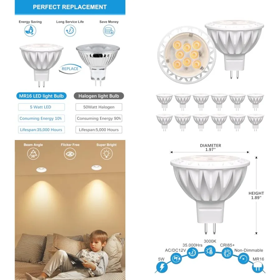 

MR16 LED Bulbs 50W Equivalent 5W GU5.3 Spotlight Bulbs 3000K Warm White 38° Beam Angle Non-Dimmable for Landscape, Recessed, an