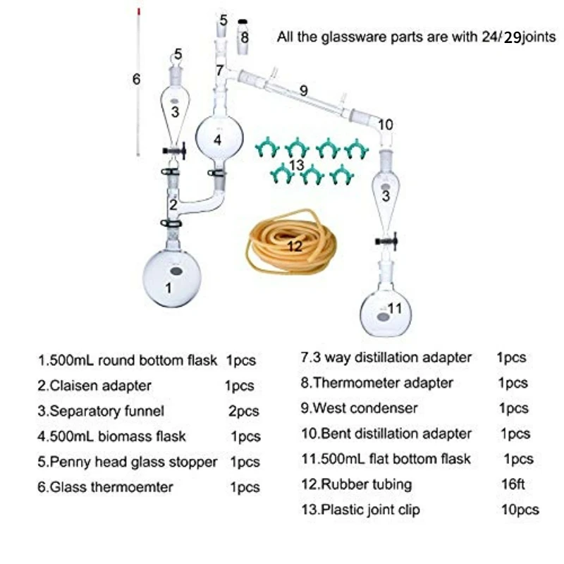 25pcs Glass Steam Apparatus Kit with Biomass Flask Essential Oil Extraction Maker Organic Chemistry Lab Glassware Equipment