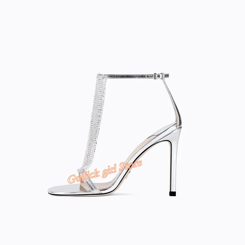 

Open-toe Stiletto Rhinestone Sandals Ankle Buckle Strap T Strap Thin High Heel Runway 2026 Summer Women Dress Shoes