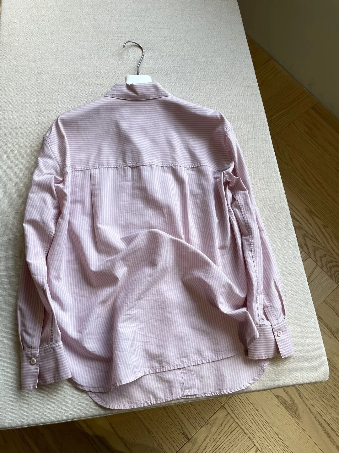Women Soft Cupro‑cotton Yarn‑dyed Pink White Stripe Shirt, Single Patch Pocket Drop Shoulder Long Sleeve Loose Mid‑length Point