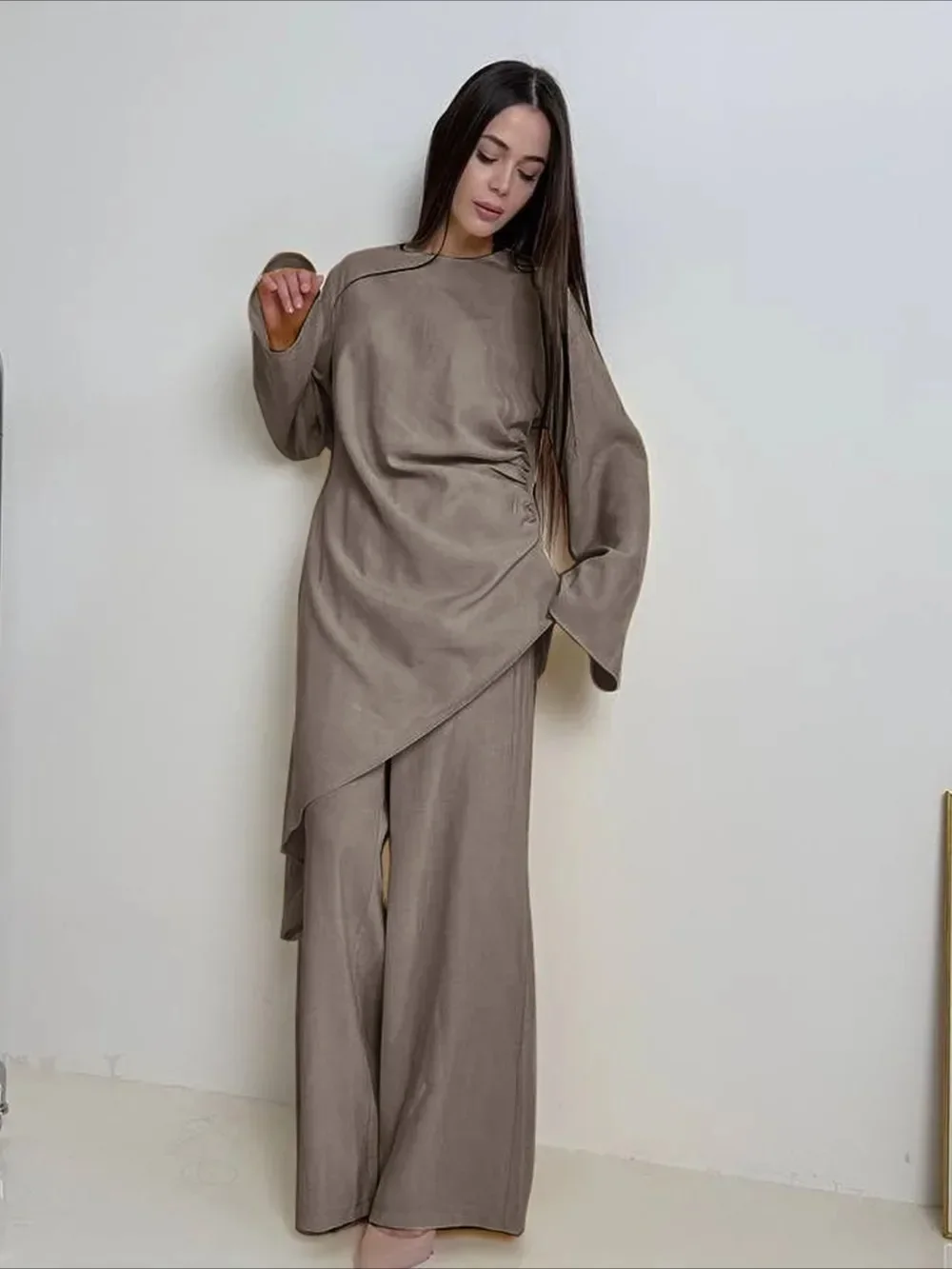 عيد المرأة 2 قطعة مجموعة قميص طويل واسعة الساق بانت مجموعات مسلم عباية رمضان العربية رداء طويل المغرب قفطان وتتسابق الدعاوى 2026 #2