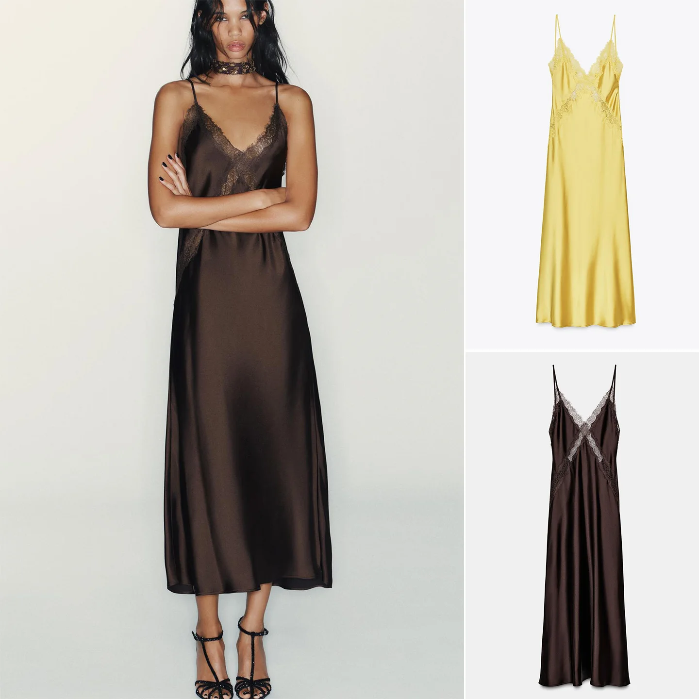 Tapete sle renda decorada seda cetim midi dr novo inverno feminino faion strapl vestido de cintura alta saia linha a