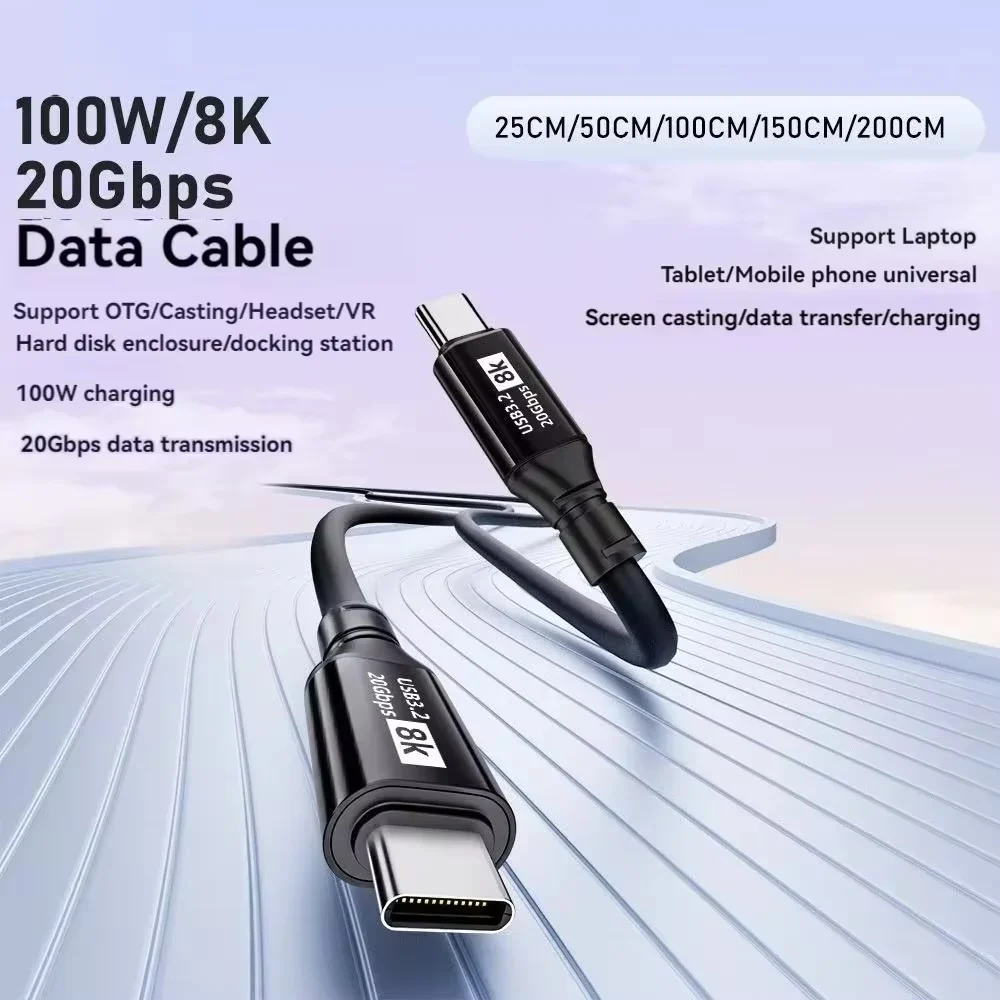 Cabo USB 3.2 Tipo-C para Tipo-C PD 100W 20Gbps UHD com Carregamento Rápido e Chip Emark Multifuncional para Celular 15 Pro Max