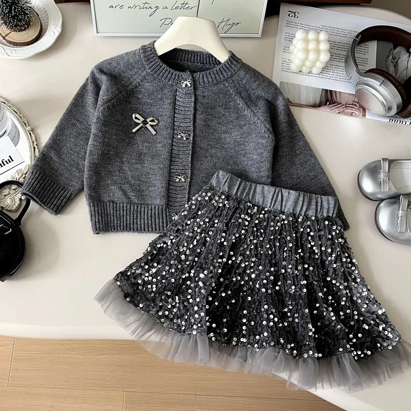 

Girls' Suit Skirt Spring and Autumn Fashion Baby Knitted Sweater Coat Fashionable Sequin Gauze Skirt Two-Piece Suit