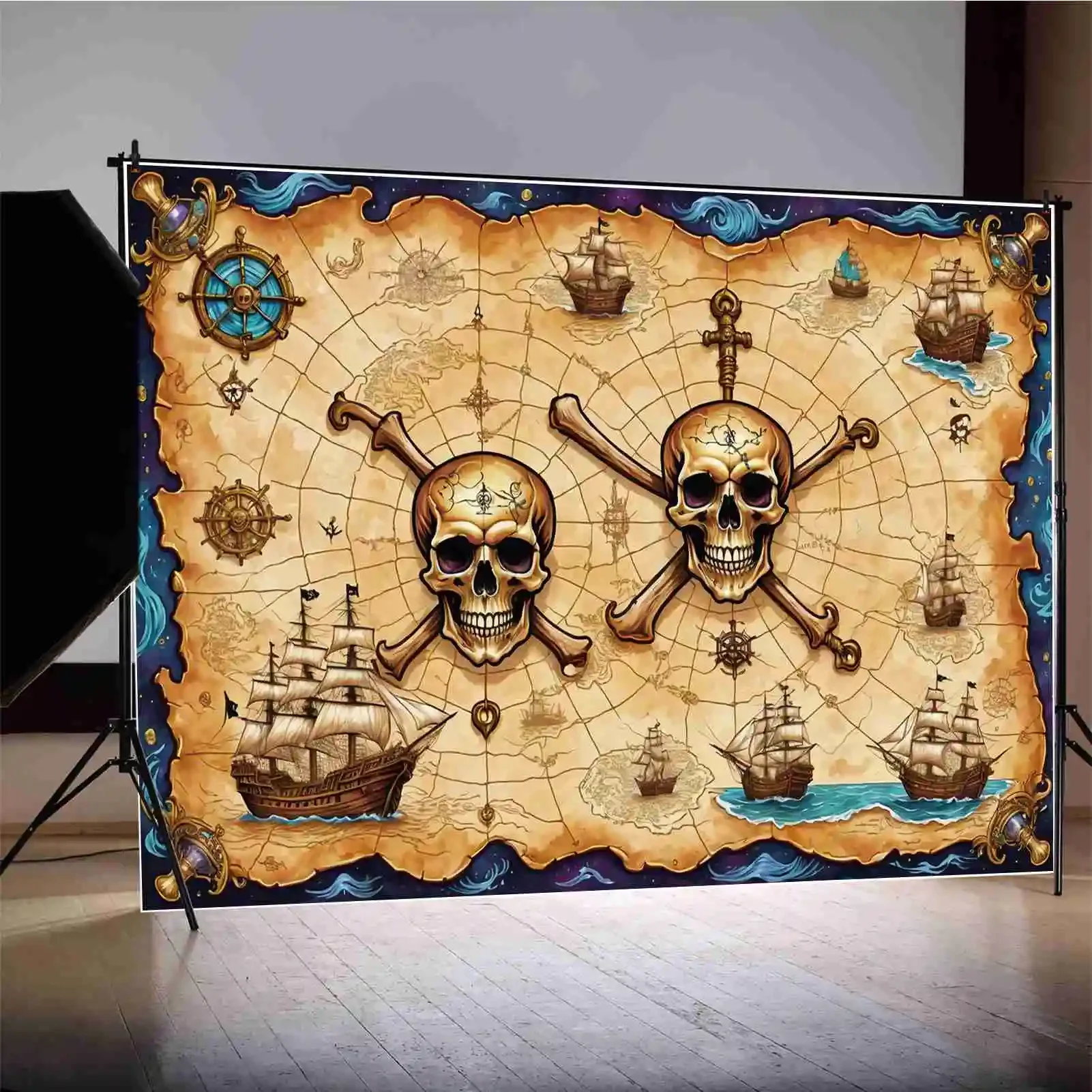 MOON.QG Backdrop Boys Fairy Birthday World Map Background for Photoshoot Pirate Ship Treasure Skull Wheel Home Photography Props