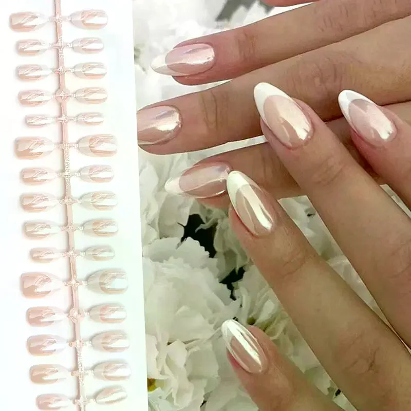 30pcs Nude Transparent False Nail French Pearlescent Press On Nail White Edge Full Cover Fakenail Mixed Size