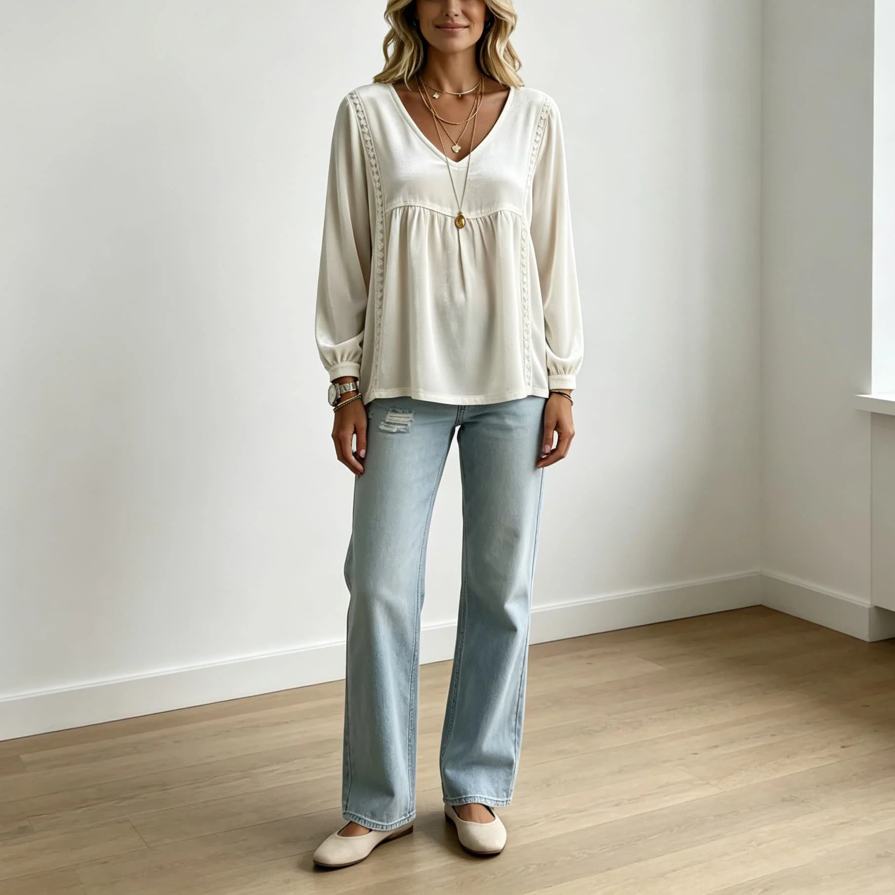 For Velvet Women\'s Casual For Top Solid Color for v Neck Long Sleeve Loose for Fit with Subtle Lace Trim for All Day Comfort
