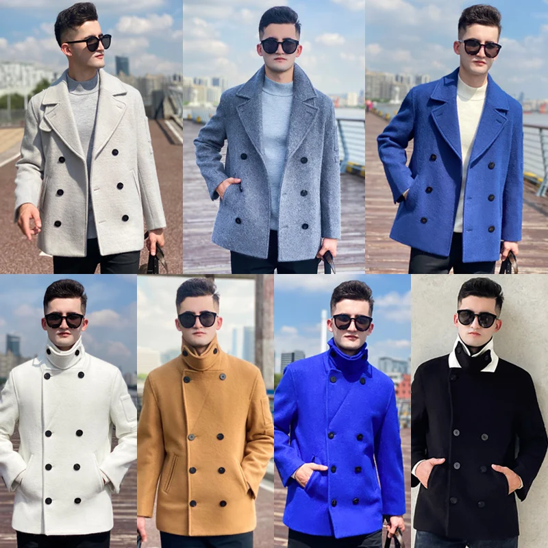 Short Men's double breasted wool coat  neck protection Thickened liner for warmth British trend Autumn and winter new warm coat