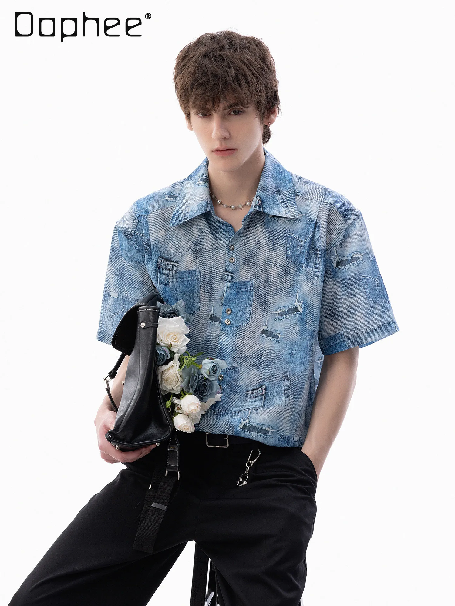 

Men's Denim Print Mesh Sheer Short Sleeve Shirt Casual Loose Button Down Streetwear See-Through Blue Blouse for Summer