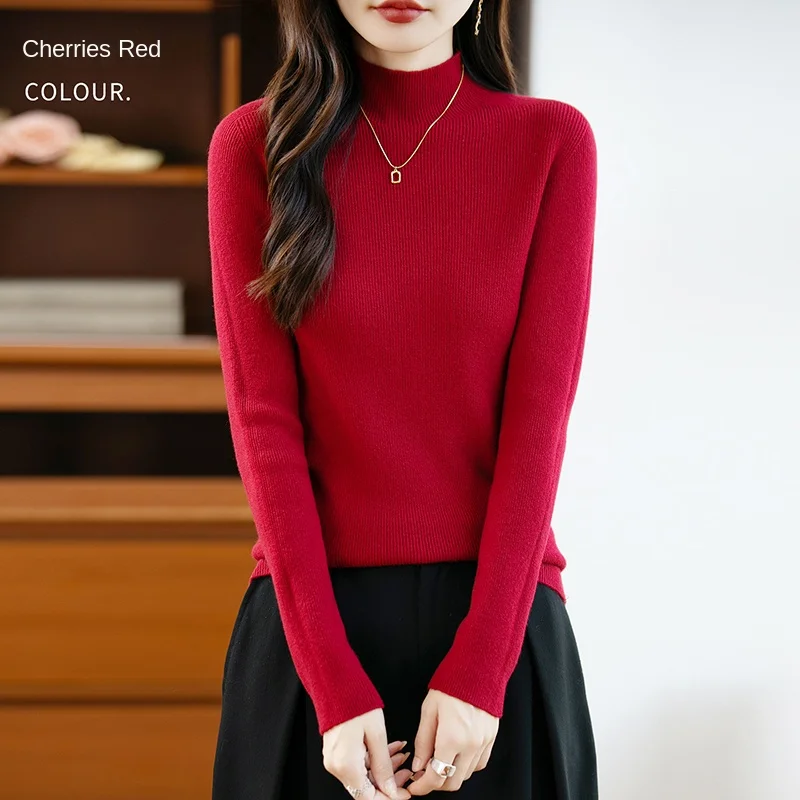 25 الخريف والشتاء جديد 100% آندي المخملية محبوك نصف الارتفاع سليم صالح رداء علوي من الصوف للنساء بأكمام طويلة الدافئة عالية تمتد