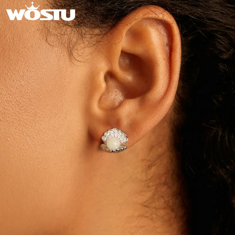 WOSTU 925 Sterling Night Pearl Shell Luminous Stud Earrings Women Elegant Party Glow in the dark Studs Pendientes Jewelry Gift