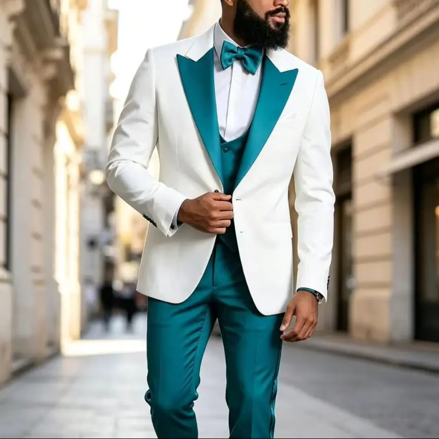 Fashion Single Button Suits for Men Peaked Lapel Slim Elegant Wedding Party Tuxedo Formal Business Casual Male Suit 3 Piece Sets