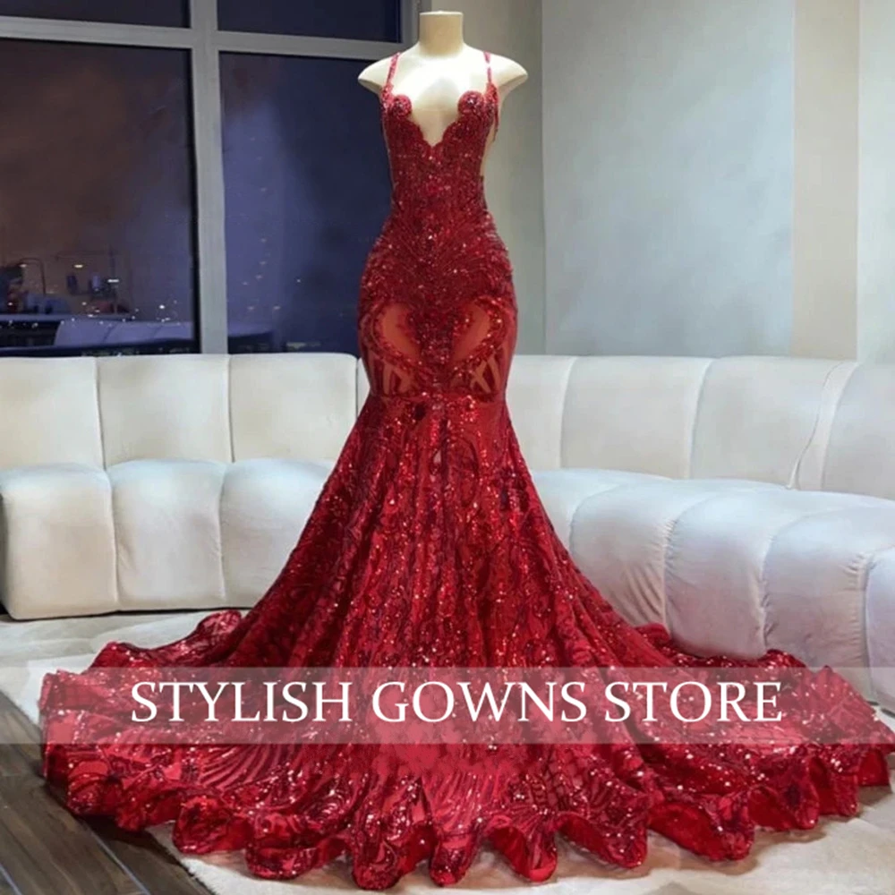 Red Halter Long Prom Dress For Black Girls 2024 Sparkly Sequined Birthday Party Dresses Feathers Formal Gow Evening Customized