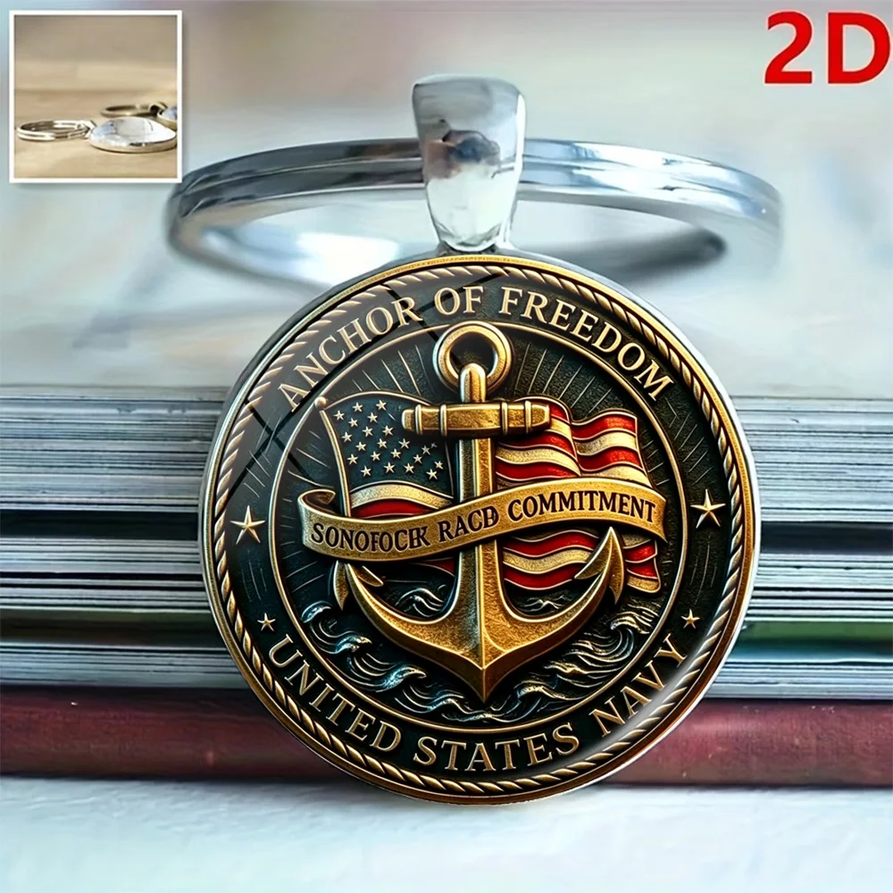 2D Flat Retro Navy Freedom Anchor Keychain Patriotic Military Backpack Glass Time Gemstone Pendant Men's Jewelry Gift