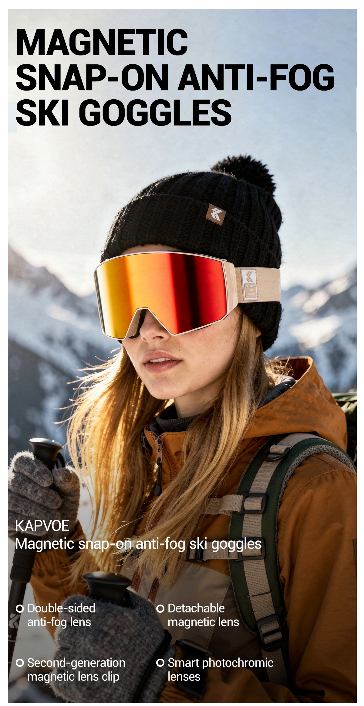 Kapvoe Photochrome Skibrille mit Magnetischen Antibeschlag-Gläsern UV400-Schutz für Männer und Frauen Skibrille Schnee-Sonnenbrille Sportbrille – Detail 1