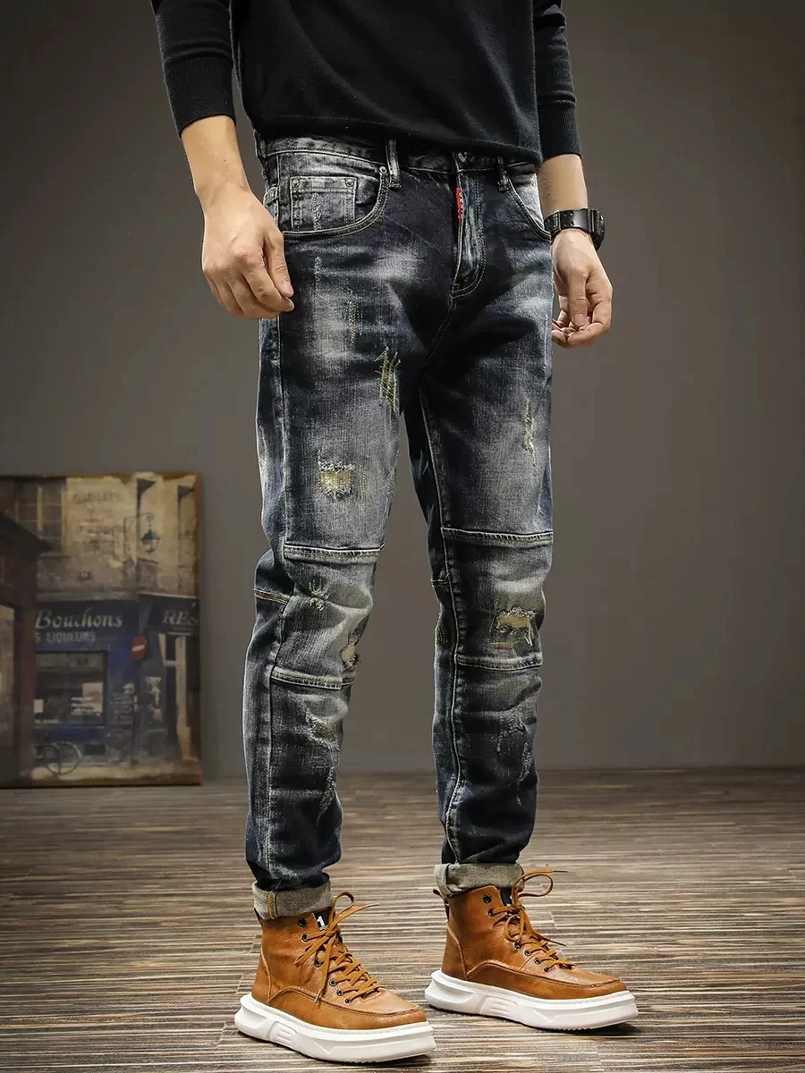 Street Fashion Men Jeans Retro Black Blue Elastic Slim Ripped Jeans Men Embroidery Spliced Designer Hip Hop Biker Pants Hombre