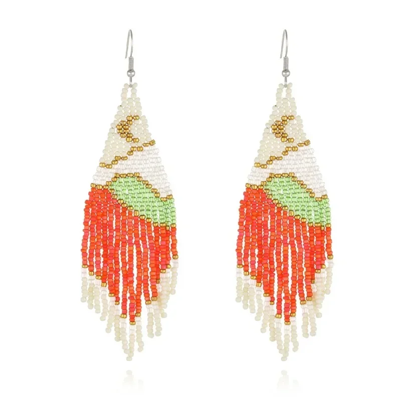 Rice bead earrings Tassel landscape View Moon Design Hand knitting Bohemia Alloy Fashion Simple Beaded earrings image 5
