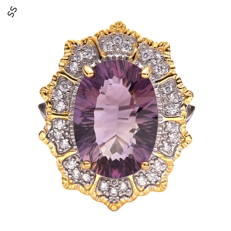 

S925 Pure Silver Inlaid Natural Color Treasure Amethyst Ring Female Personality High-grade Hand Accessory Jewel Cross-bord