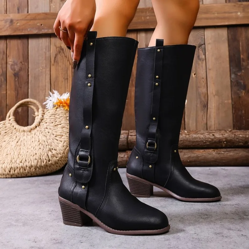 Botas marrones con cinturón a la moda para mujer, botas de montar por encima de la rodilla, plataforma impermeable coreana de talla grande 41 42 43 para primavera y verano