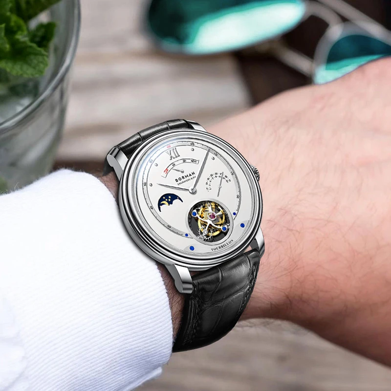 BORMAN Seagull ST8007 Movement WristWatch Luxury Men Mechanical Watches Man Moon Phase Calendar Clock Manual Wind Watches