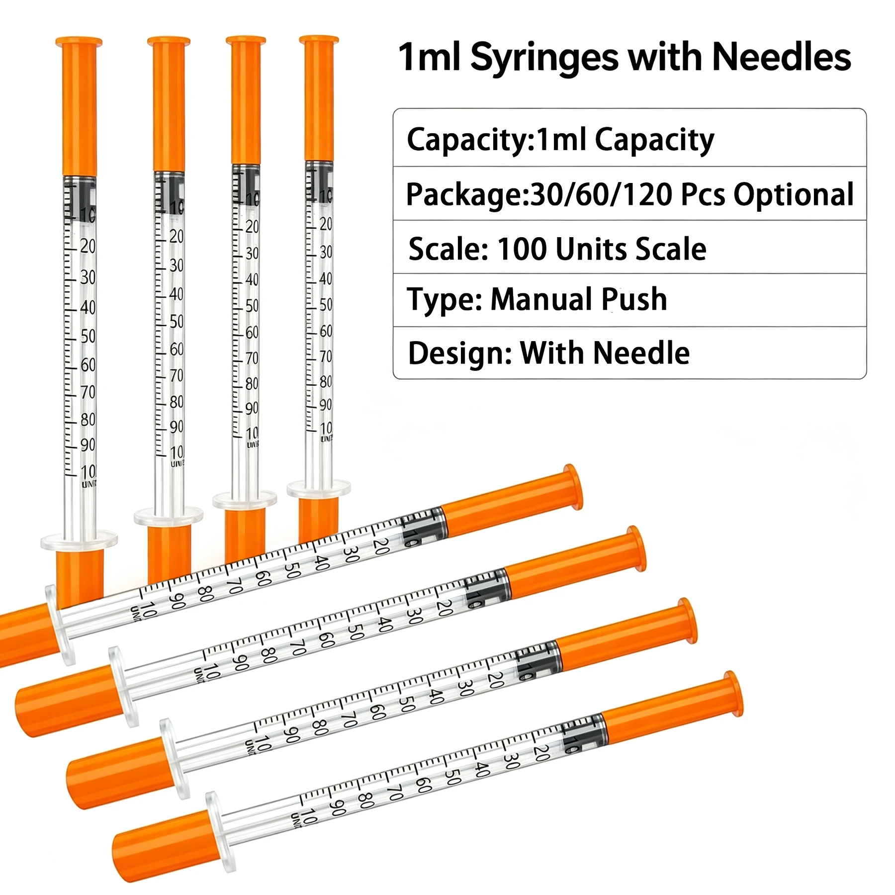 120/60/30 Pcs 1ml Disposable Syringes with Needles, Manual Push for Pet Feeding, Lab & Insulin Injection